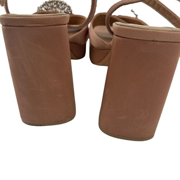 ZARA Rhinestone Embellished Platform Sandal Chunky Heel Sz 41 US 10.5 Tan Satin - Picture 8 of 12